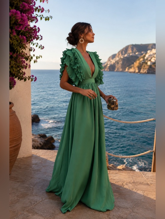 The Unbranded Brand Dresses & Skirts - Emerald Green Maxi Dress | Deep V Neck | Ruffle Sleeves | NWT No Tags | Size S